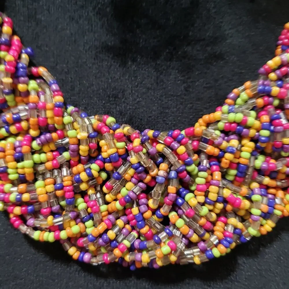 Womens Wide Braided Seed Bead Multi Strand Statement Necklace with Lobster Clasp - Picture 3 of 6